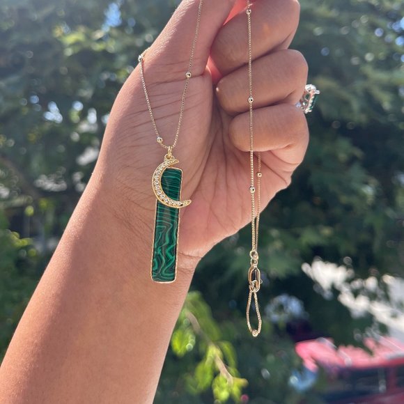 Jewelry - Malachite Moon Pendant Necklace 18K Gold Filled